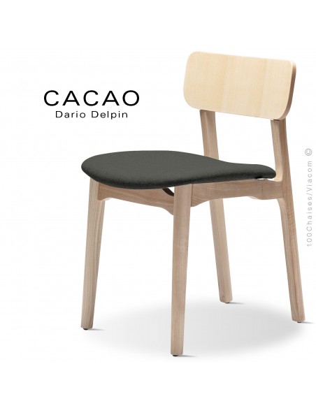 Chaise CACAO-S, piétement bois frêne et assise habillage tissu 203anthracite.