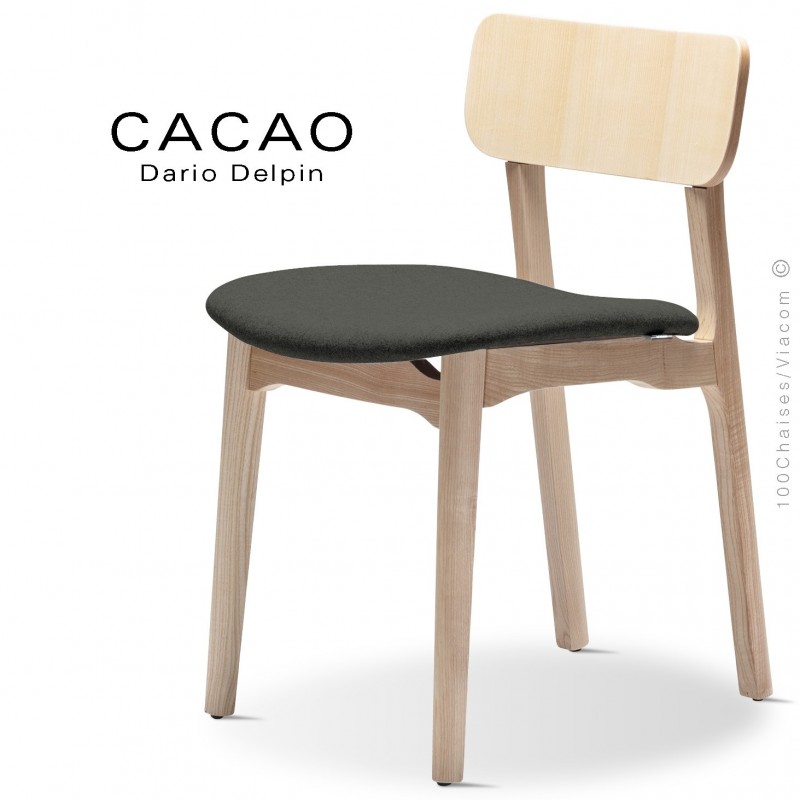 Chaise CACAO-S, piétement bois frêne et assise habillage tissu 203anthracite.