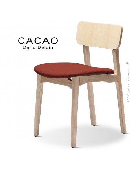 Chaise CACAO-S, piétement bois frêne et assise habillage tissu 302rouge.