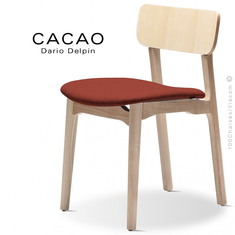 Chaise CACAO-S, piétement bois frêne et assise habillage tissu 302rouge.