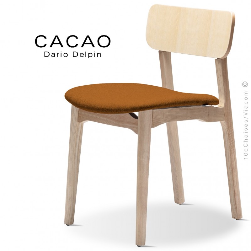 Chaise CACAO-S, piétement bois frêne et assise habillage tissu 308orange.