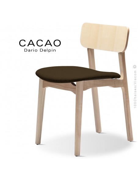Chaise CACAO-S, piétement bois frêne et assise habillage tissu 404marron.