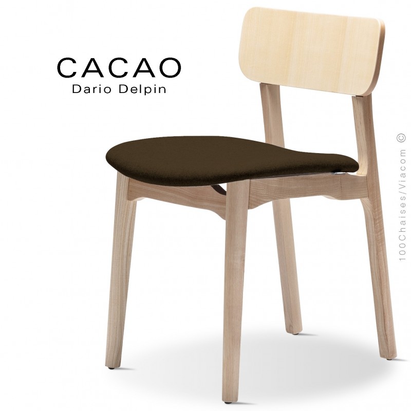 Chaise CACAO-S, piétement bois frêne et assise habillage tissu 404marron.