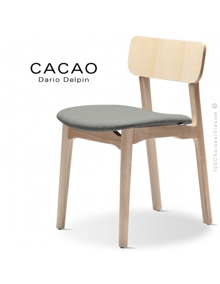 Chaise bois design CACAO-S, piétement bois de frêne massif et assise garnie de mousse, habillage tissu gris-600.