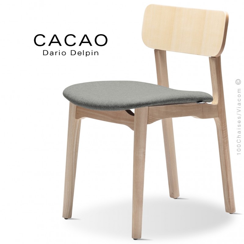 Chaise CACAO-S, piétement bois frêne et assise habillage tissu 600gris.