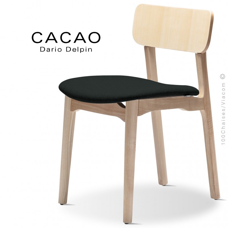 Chaise CACAO-S, piétement bois frêne et assise habillage tissu 702noir.