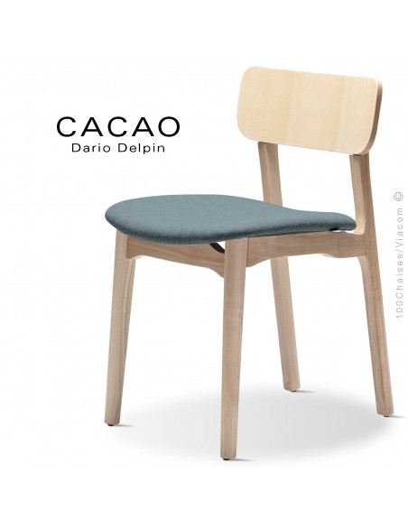 Chaise CACAO-S, piétement bois frêne et assise habillage tissu 7001bleu.