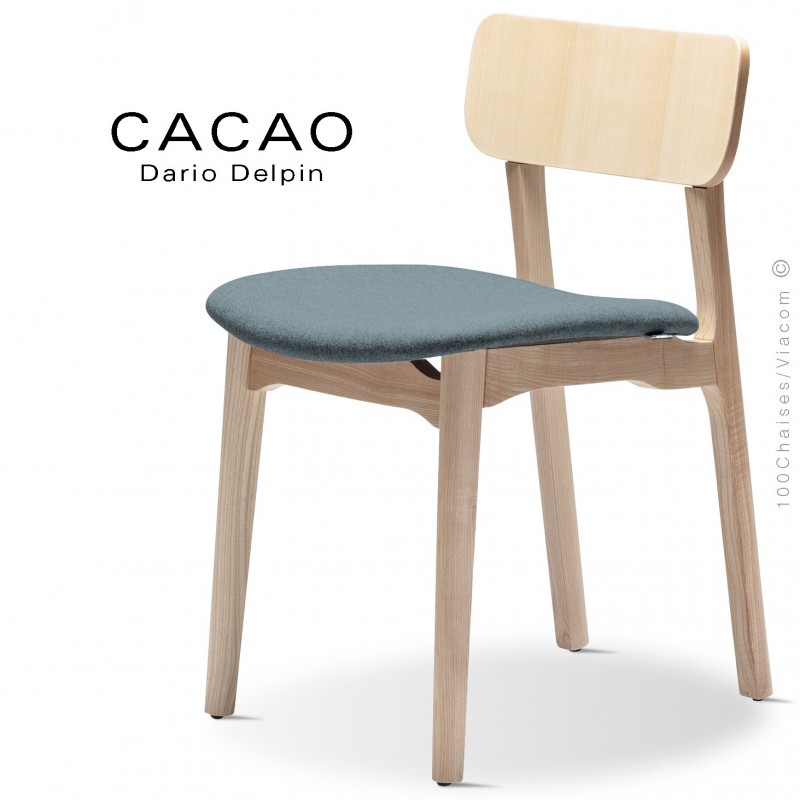 Chaise CACAO-S, piétement bois frêne et assise habillage tissu 7001bleu.