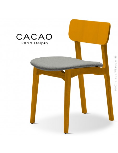Chaise CACAO-S, piétement bois jaune et assise habillage tissu 600gris.