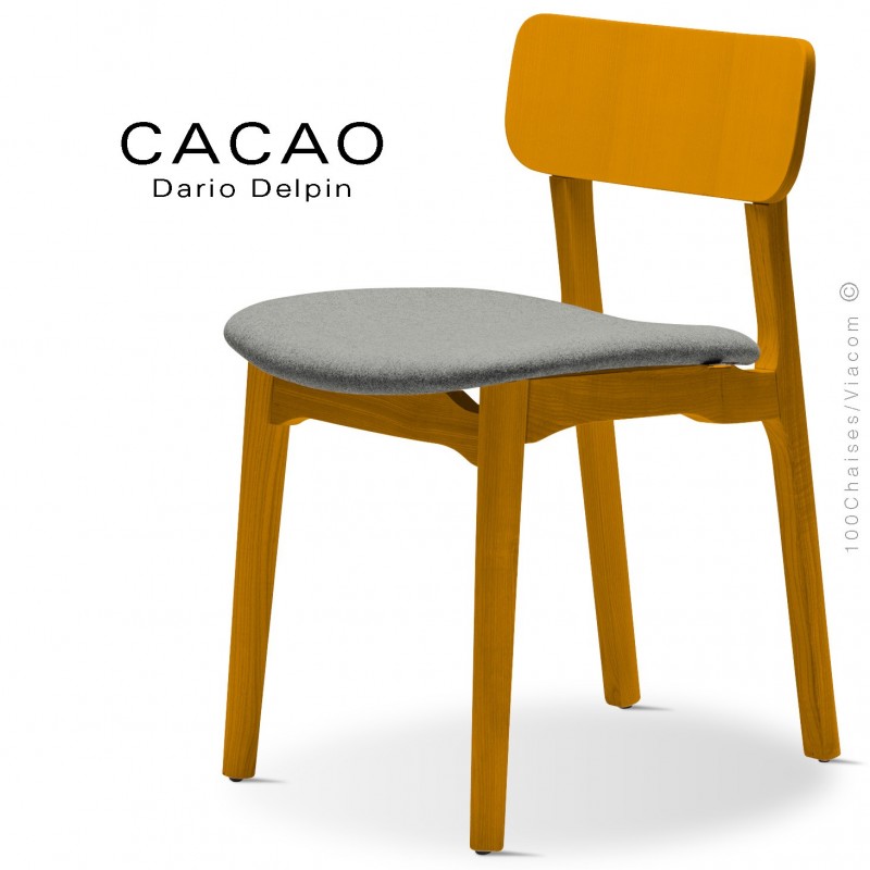 Chaise CACAO-S, piétement bois jaune et assise habillage tissu 600gris.