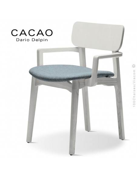 Fauteuil design CACAO-SP, piétement bois blanc et assise habillage tissu 7001bleu.