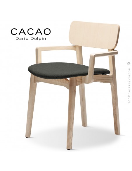 Fauteuil design CACAO-SP, piétement bois frêne et assise habillage tissu 203anthracite.