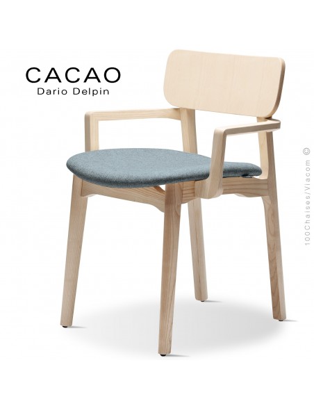 Fauteuil design CACAO-SP, piétement bois frêne et assise habillage tissu 7001bleu.