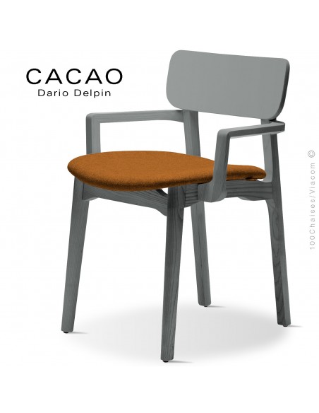 Fauteuil design CACAO-SP, piétement bois gris et assise habillage tissu 308orange.