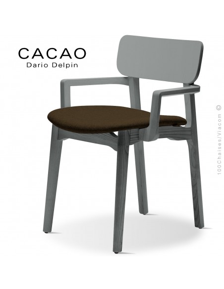 Fauteuil design CACAO-SP, piétement bois gris et assise habillage tissu 404marron.