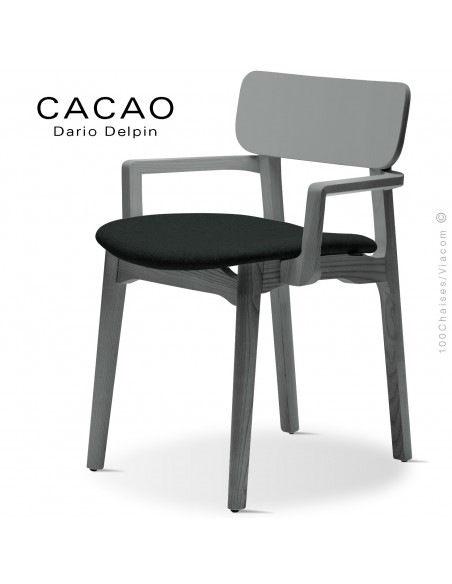 Fauteuil design CACAO-SP, piétement bois gris et assise habillage tissu 702noir.