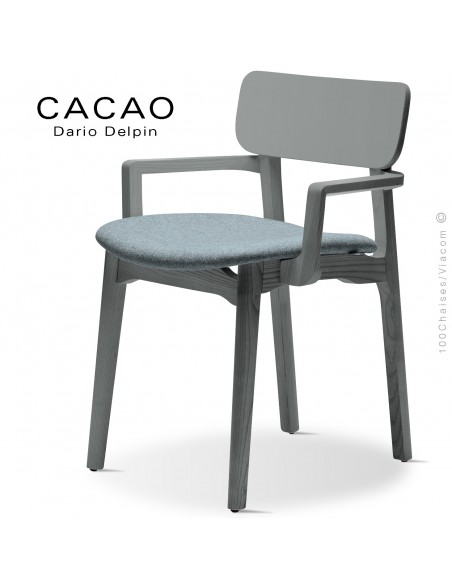 Fauteuil design CACAO-SP, piétement bois gris et assise habillage tissu 7001bleu.
