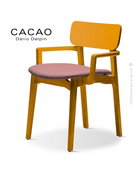 Fauteuil design CACAO-SP, piétement bois jaune et assise habillage tissu 301rose.