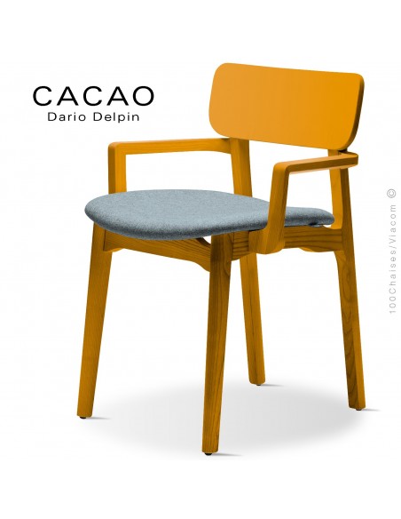 Fauteuil design CACAO-SP, piétement bois jaune et assise habillage tissu 7001bleu.