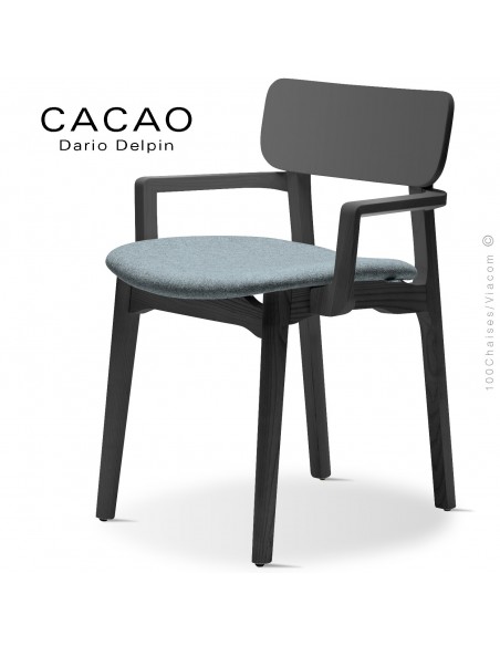 Fauteuil design CACAO-SP, piétement bois noir et assise habillage tissu 7001bleu.