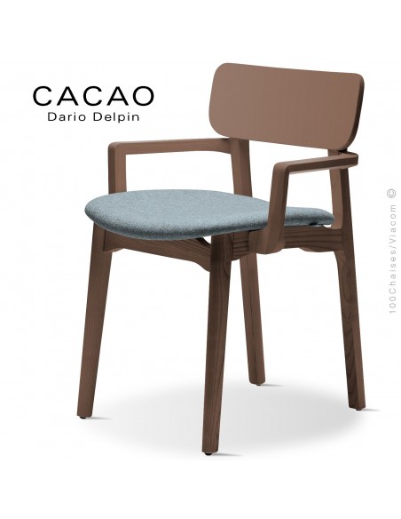 Fauteuil design CACAO-SP, piétement bois noyer et assise habillage tissu 7001bleu.