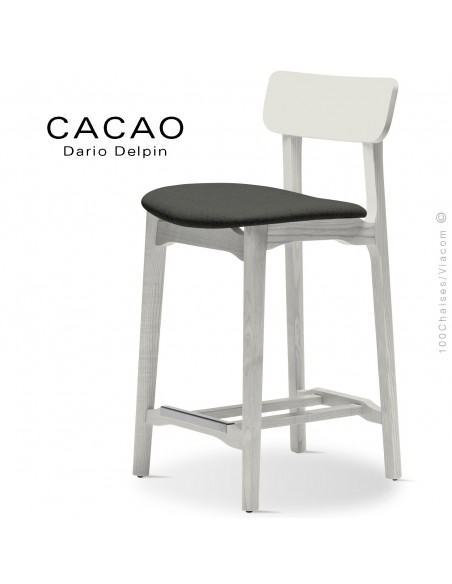 Tabouret de cuisine CACAO-SG-65, piétement bois blanc, assise habillage tissu 203anthracite.