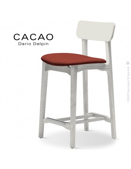 Tabouret de cuisine CACAO-SG-65, piétement bois blanc, assise habillage tissu 302rouge.