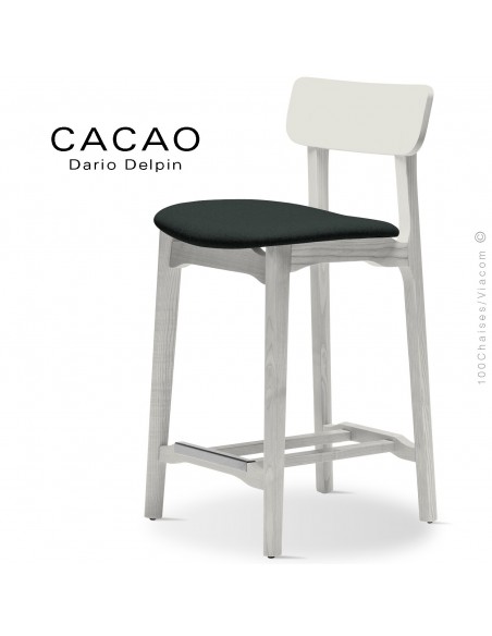 Tabouret de cuisine CACAO-SG-65, piétement bois blanc, assise habillage tissu 702noir.