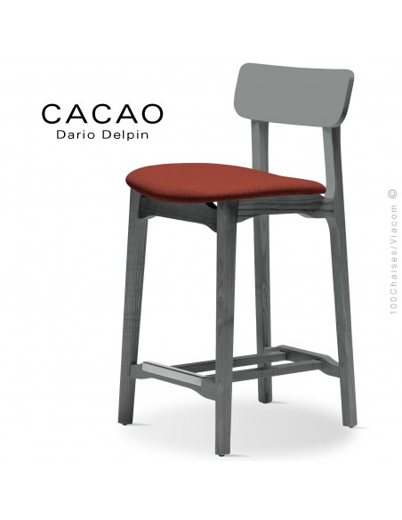 Tabouret de cuisine CACAO-SG-65, piétement bois gris, assise habillage tissu 302rouge.