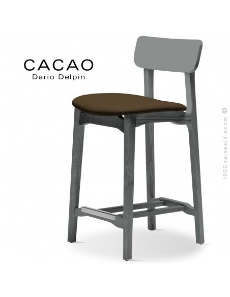Tabouret de cuisine CACAO-SG-65, piétement bois gris, assise habillage tissu 404marron.