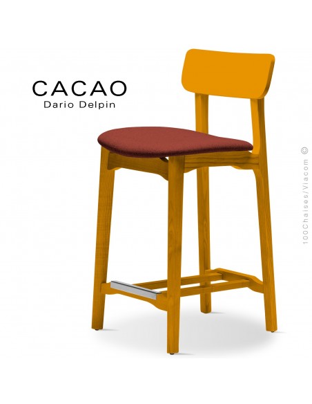 Tabouret de cuisine CACAO-SG-65, piétement bois jaune, assise habillage tissu 302rouge.