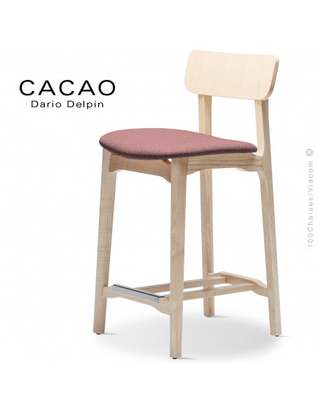 Tabouret de cuisine CACAO-SG-65, piétement bois frêne, assise habillage tissu 301rose.