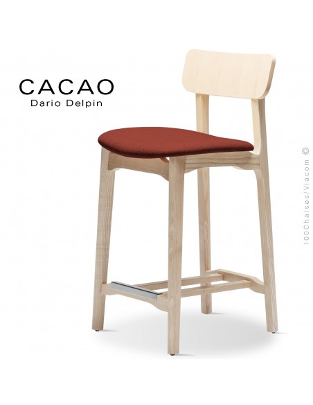 Tabouret de cuisine CACAO-SG-65, piétement bois frêne, assise habillage tissu 302rouge.