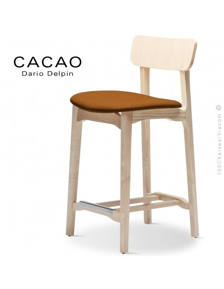 Tabouret de cuisine CACAO-SG-65, piétement bois frêne, assise habillage tissu 308orange.