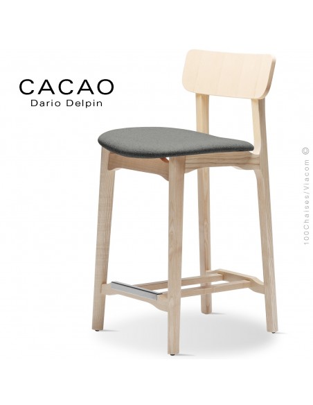 Tabouret de cuisine CACAO-SG-65, piétement bois frêne, assise habillage tissu 600gris.