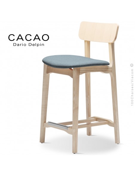 Tabouret de cuisine CACAO-SG-65, piétement bois frêne, assise habillage tissu 7001bleu.