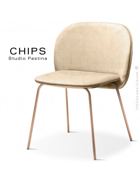 Chaise design CHIPS-M, piétement acier cuivre satiné, assise et dossier habillage cuir 1003crème.