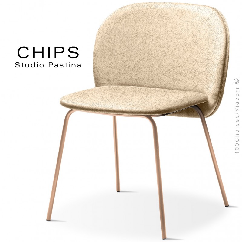 Chaise design CHIPS-M, piétement acier cuivre satiné, assise et dossier habillage cuir 1003crème.