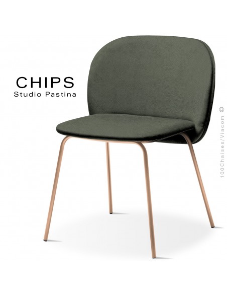Chaise design CHIPS-M, piétement acier cuivre satiné, assise et dossier habillage cuir 1012kaki.