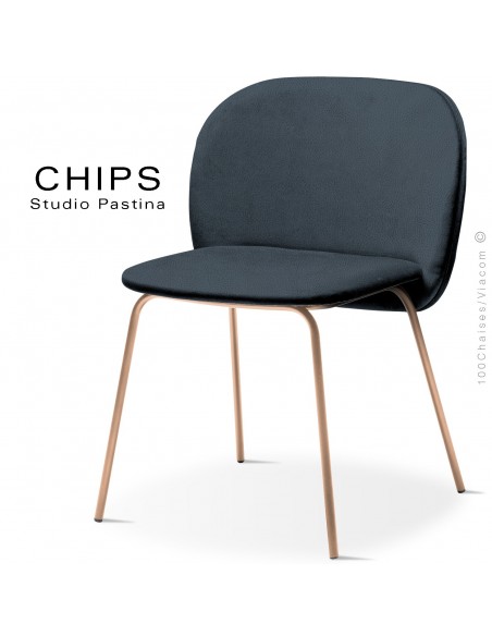 Chaise design CHIPS-M, piétement acier cuivre satiné, assise et dossier habillage cuir 1014bleu.