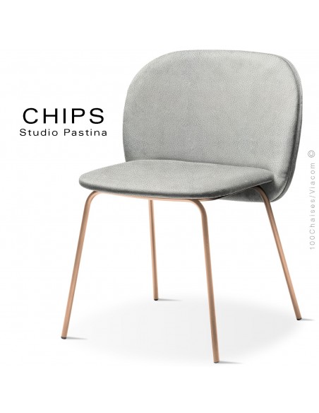 Chaise design CHIPS-M, piétement acier cuivre satiné, assise et dossier habillage cuir 1015gris.
