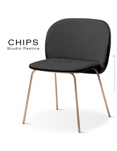 Chaise design CHIPS-M, piétement acier cuivre satiné, assise et dossier habillage cuir 1017noir.