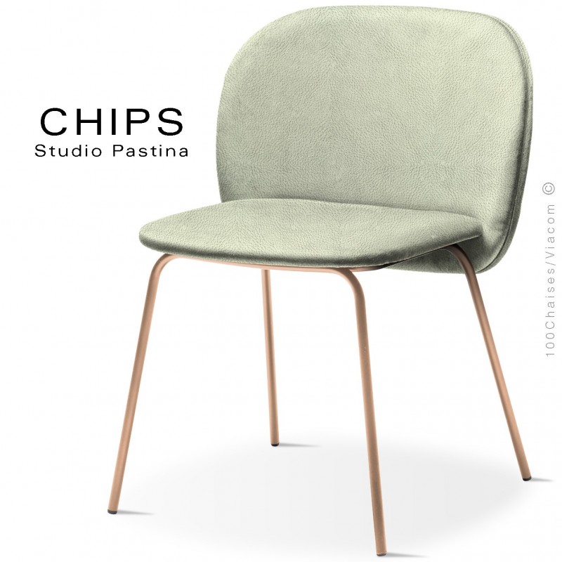 Chaise design CHIPS-M, piétement acier cuivre satiné, assise et dossier habillage cuir 1025vertclair.