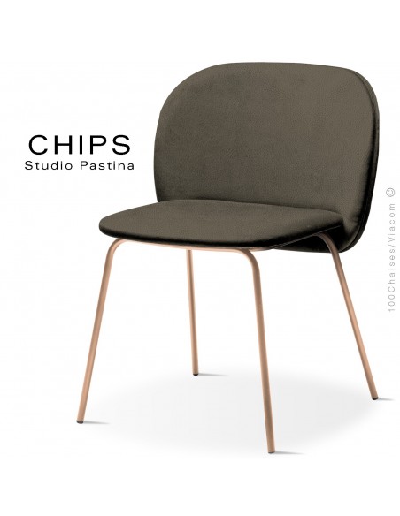 Chaise design CHIPS-M, piétement acier cuivre satiné, assise et dossier habillage cuir 1027marron.