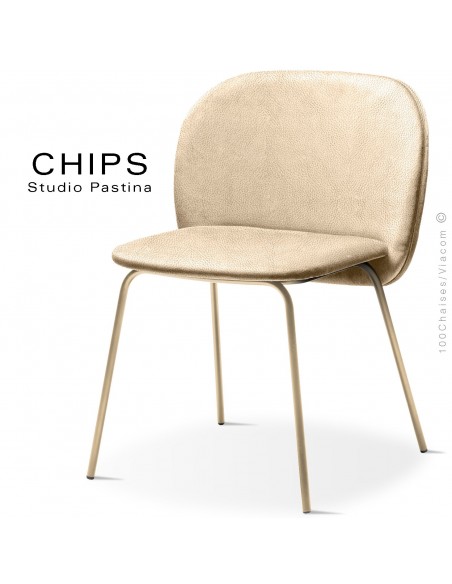 Chaise design CHIPS-M, piétement acier laiton satiné, assise et dossier habillage cuir 1003crème.