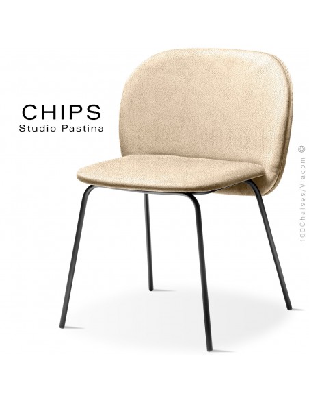 Chaise design CHIPS-M, piétement acier noir, assise et dossier habillage cuir 1003crème.