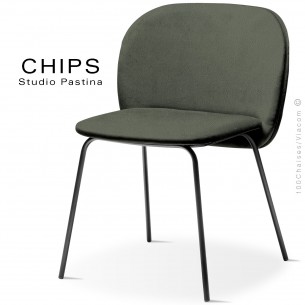 Chaise design CHIPS-M, piétement acier noir, assise et dossier habillage cuir 1012kaki.