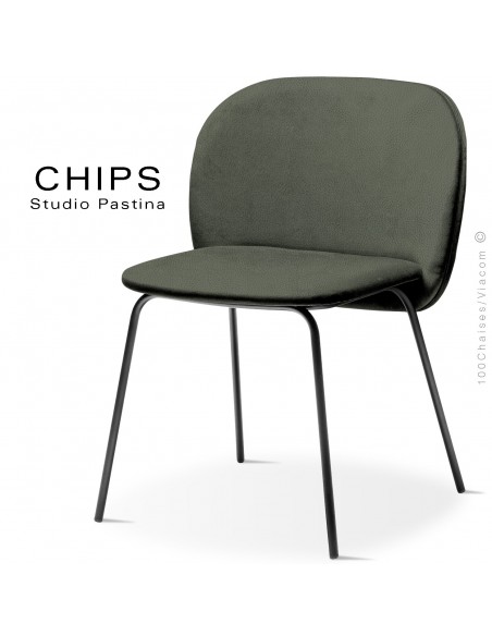 Chaise design CHIPS-M, piétement acier noir, assise et dossier habillage cuir 1012kaki.