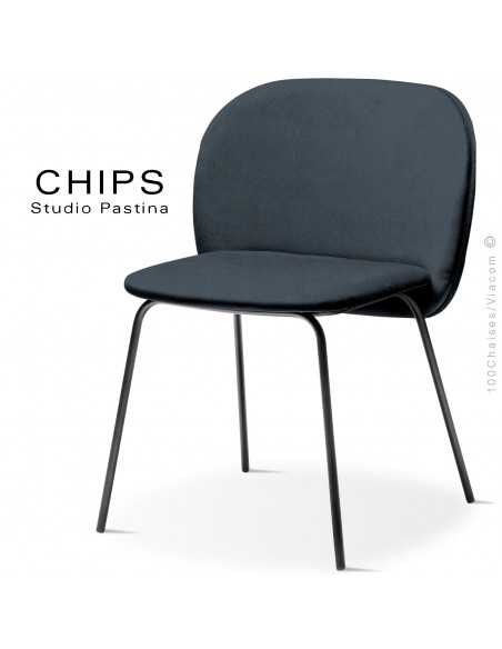Chaise design CHIPS-M, piétement acier noir, assise et dossier habillage cuir 1014bleu.