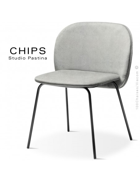 Chaise design CHIPS-M, piétement acier noir, assise et dossier habillage cuir 1015gris.